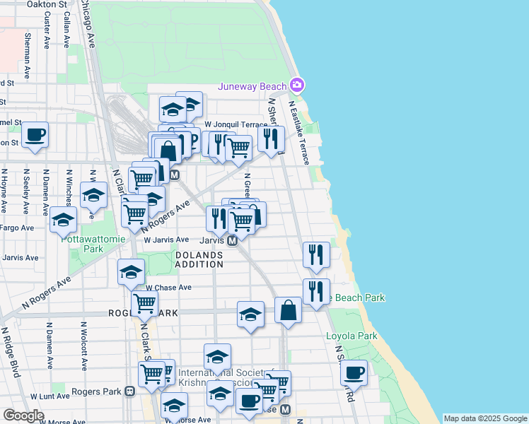 map of restaurants, bars, coffee shops, grocery stores, and more near 1436 West Jarvis Avenue in Chicago