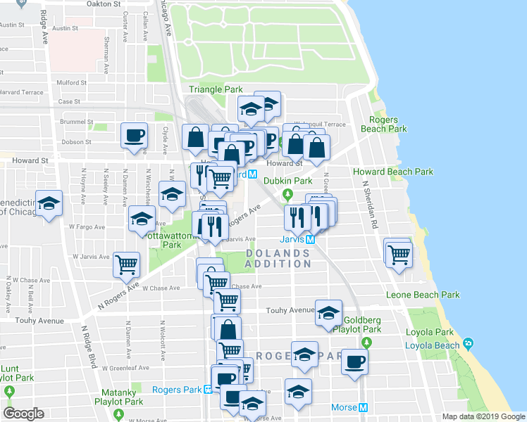map of restaurants, bars, coffee shops, grocery stores, and more near 1637 West Fargo Avenue in Chicago