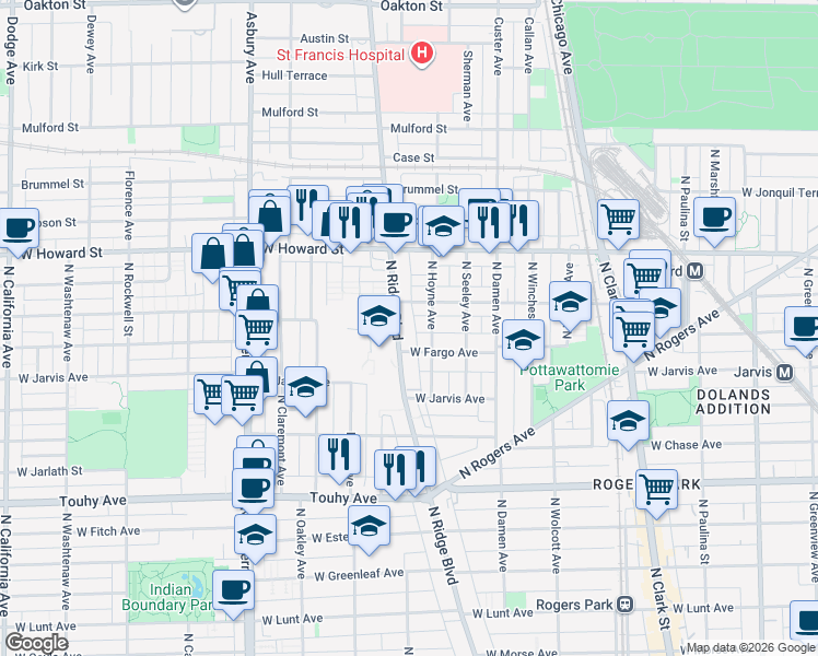 map of restaurants, bars, coffee shops, grocery stores, and more near 7415 North Ridge Boulevard in Chicago