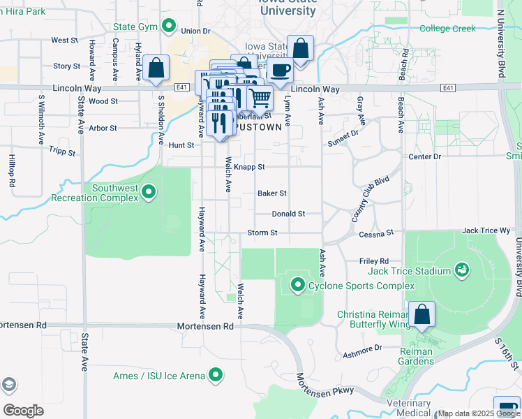 map of restaurants, bars, coffee shops, grocery stores, and more near 2337 Donald Street in Ames