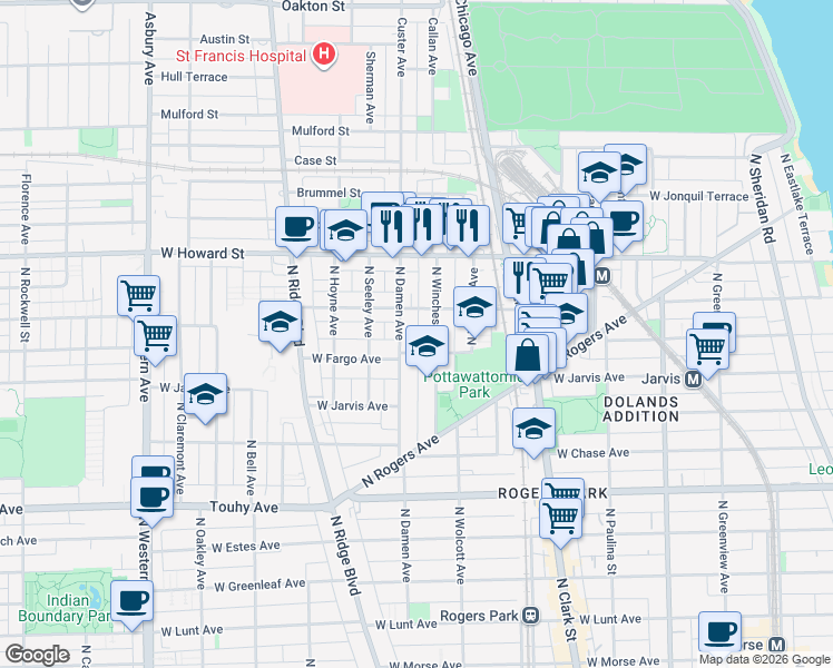 map of restaurants, bars, coffee shops, grocery stores, and more near 7384 North Winchester Avenue in Chicago