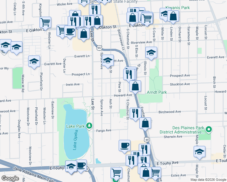 map of restaurants, bars, coffee shops, grocery stores, and more near 2010 Pine Street in Des Plaines