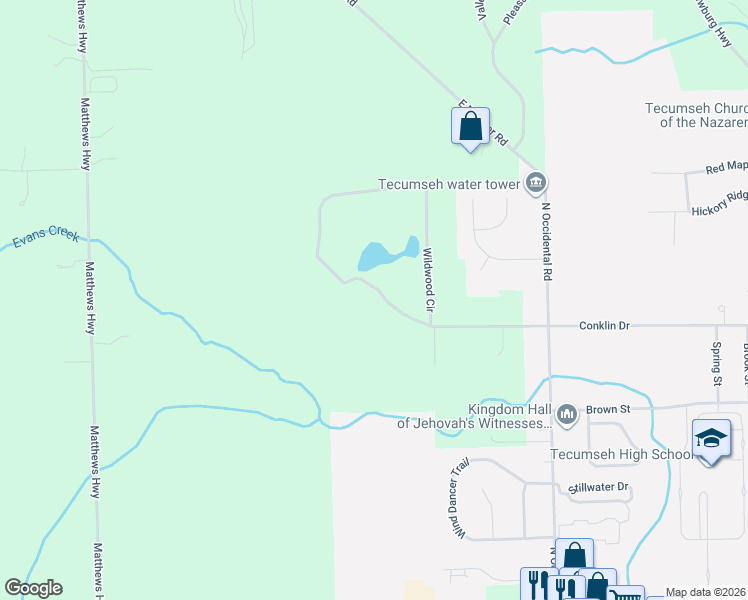 map of restaurants, bars, coffee shops, grocery stores, and more near 112 Wildwood Circle in Tecumseh