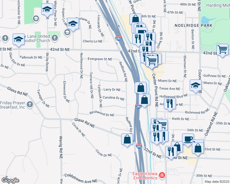 map of restaurants, bars, coffee shops, grocery stores, and more near 2059 Brookland Dr NE in Cedar Rapids