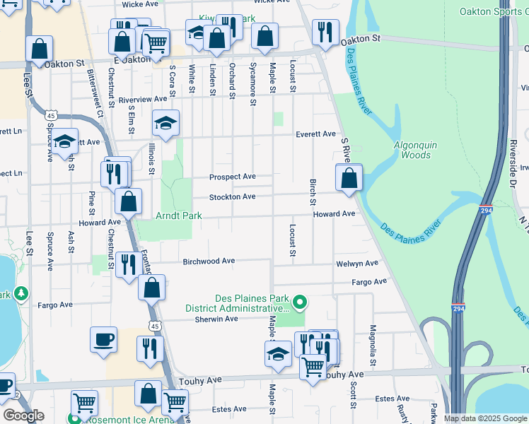 map of restaurants, bars, coffee shops, grocery stores, and more near 1784 Howard Avenue in Des Plaines
