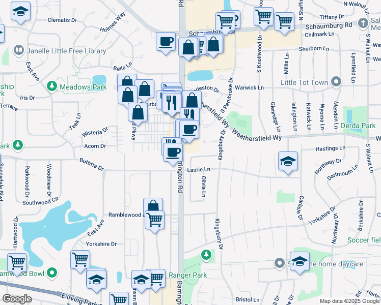 map of restaurants, bars, coffee shops, grocery stores, and more near 359 South Barrington Road in Schaumburg