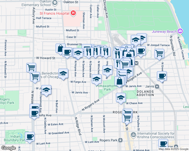 map of restaurants, bars, coffee shops, grocery stores, and more near 1948 West Birchwood Avenue in Chicago