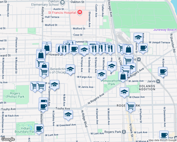 map of restaurants, bars, coffee shops, grocery stores, and more near 2050 West Birchwood Avenue in Chicago