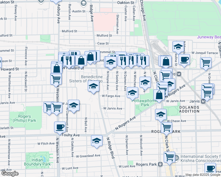 map of restaurants, bars, coffee shops, grocery stores, and more near 2050 West Birchwood Avenue in Chicago