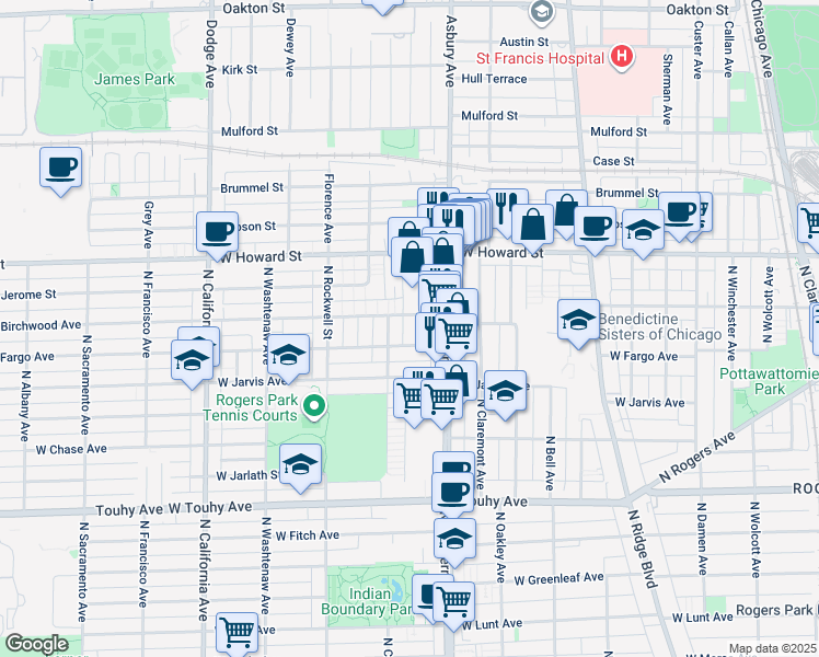map of restaurants, bars, coffee shops, grocery stores, and more near 7530 North Western Avenue in Chicago