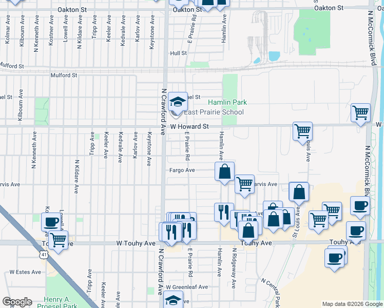 map of restaurants, bars, coffee shops, grocery stores, and more near 3871 Jerome Street in Skokie