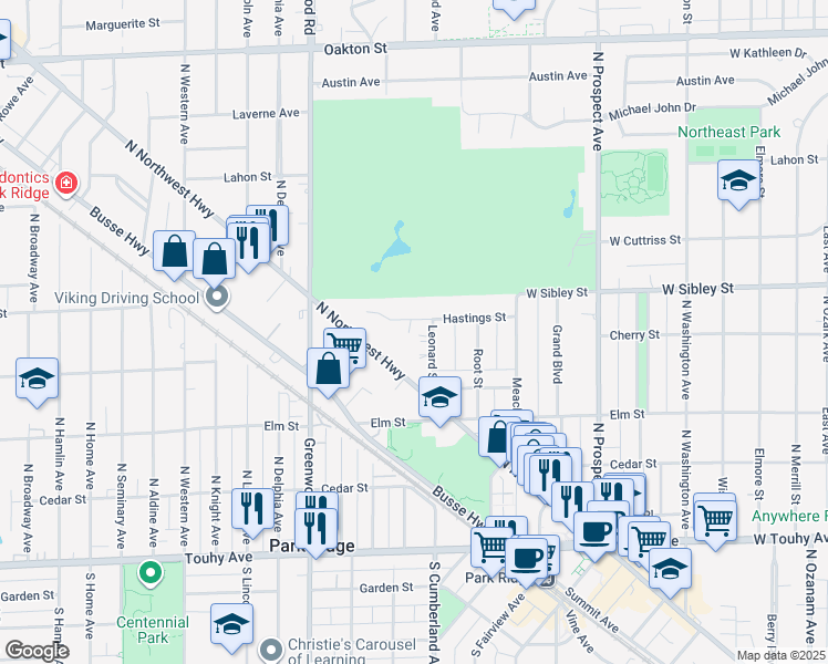 map of restaurants, bars, coffee shops, grocery stores, and more near 918 Hastings Street in Park Ridge