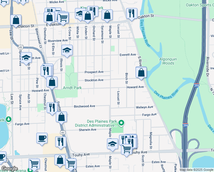 map of restaurants, bars, coffee shops, grocery stores, and more near 1784 Howard Avenue in Des Plaines