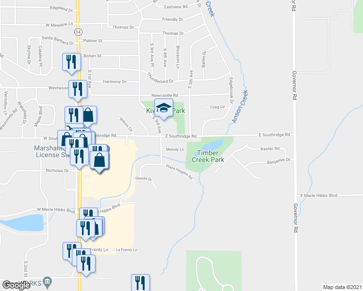 map of restaurants, bars, coffee shops, grocery stores, and more near 403 East Southridge Road in Marshalltown