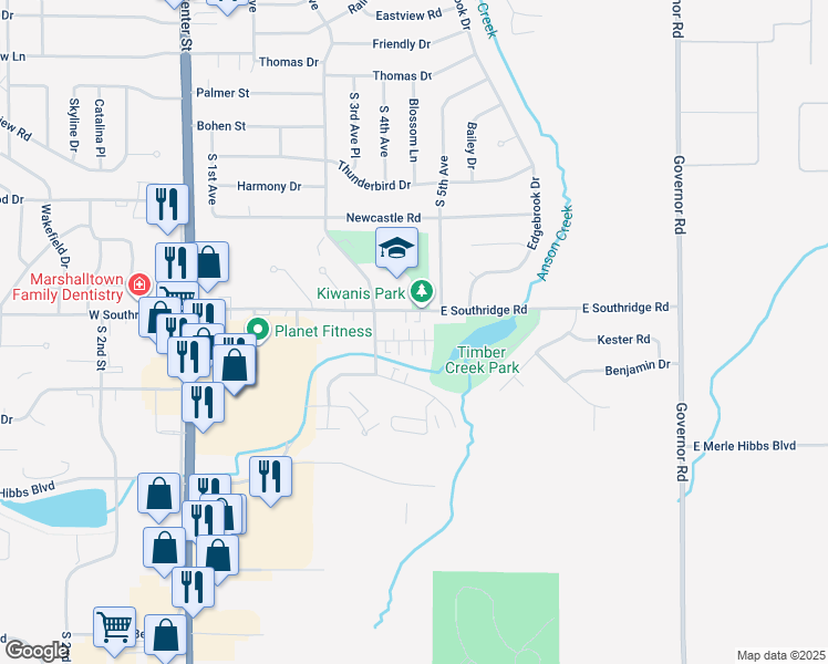 map of restaurants, bars, coffee shops, grocery stores, and more near 403 East Southridge Road in Marshalltown
