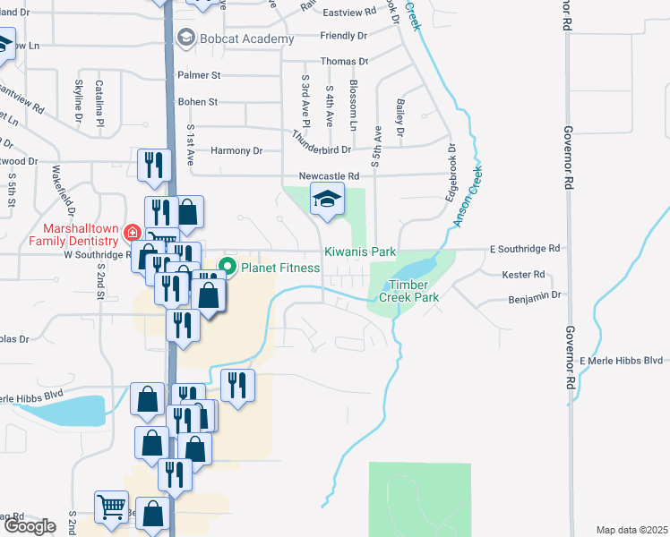 map of restaurants, bars, coffee shops, grocery stores, and more near 403 East Southridge Road in Marshalltown