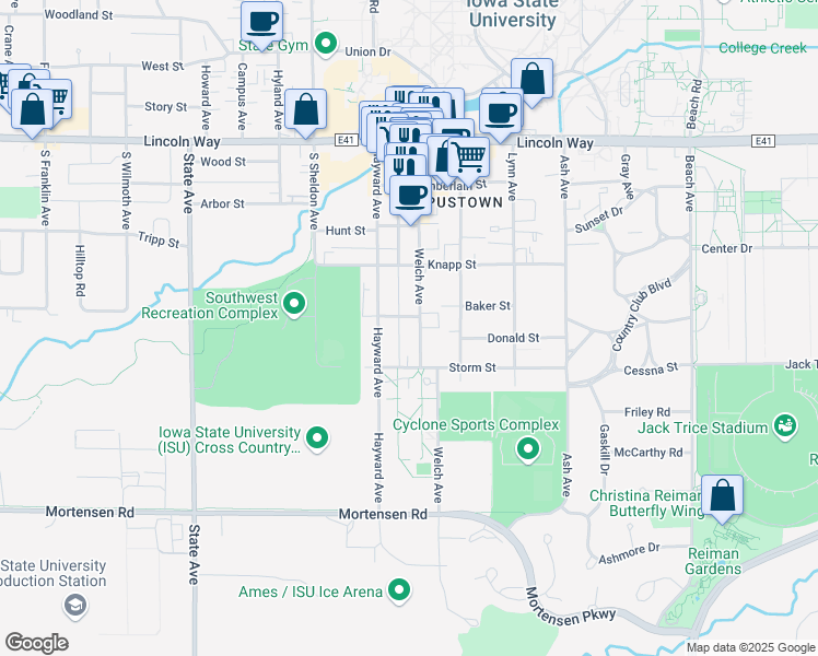 map of restaurants, bars, coffee shops, grocery stores, and more near 2521 Little Street in Ames