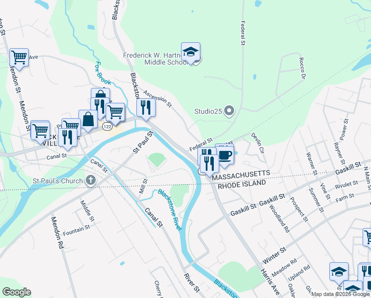map of restaurants, bars, coffee shops, grocery stores, and more near 30-32 Main Street in Blackstone