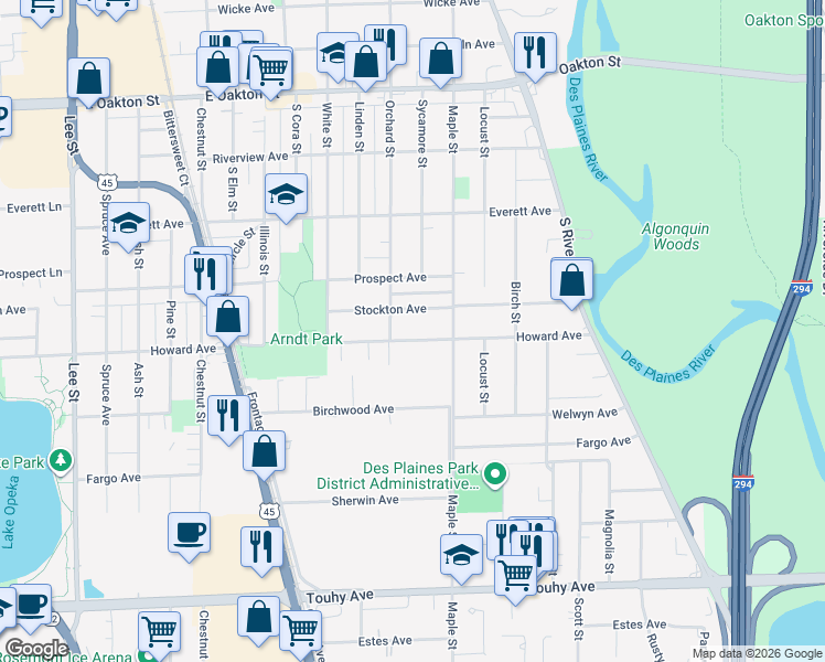 map of restaurants, bars, coffee shops, grocery stores, and more near 1765 Stockton Avenue in Des Plaines
