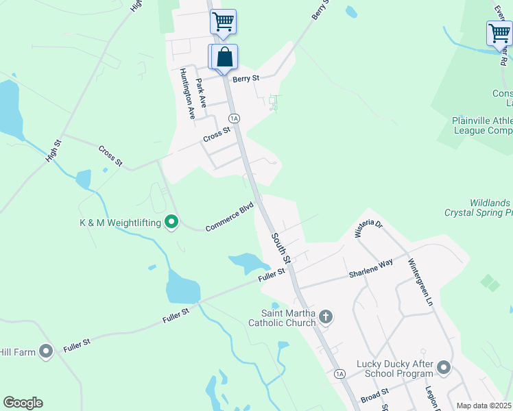 map of restaurants, bars, coffee shops, grocery stores, and more near 6 Commerce Boulevard in Plainville