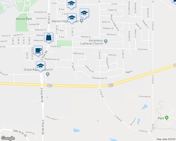 map of restaurants, bars, coffee shops, grocery stores, and more near 1905 Daleview Drive in Marion