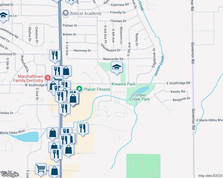 map of restaurants, bars, coffee shops, grocery stores, and more near 220 East Southridge Road in Marshalltown