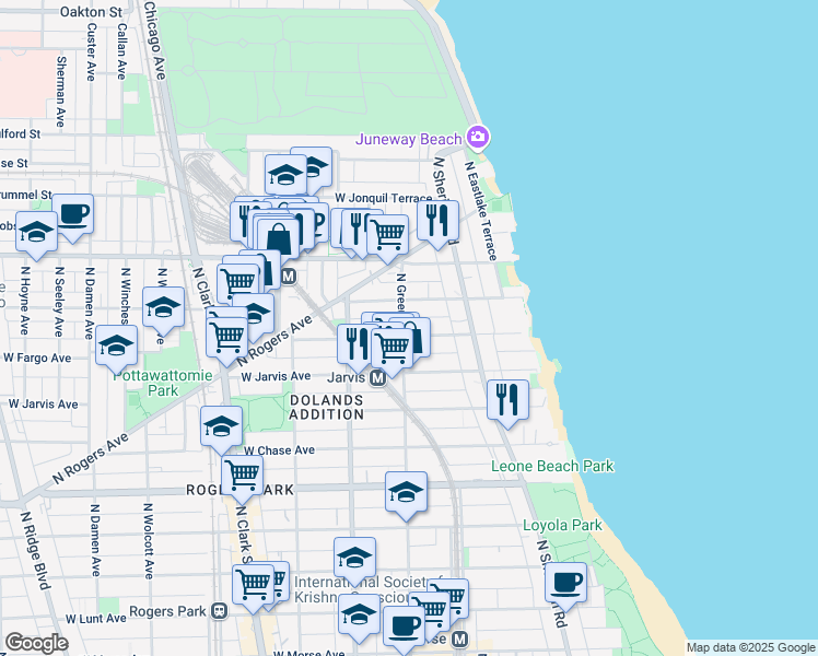 map of restaurants, bars, coffee shops, grocery stores, and more near 1460 West Fargo Avenue in Chicago