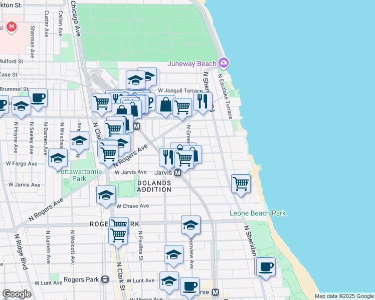 map of restaurants, bars, coffee shops, grocery stores, and more near 1506 West Fargo Avenue in Chicago