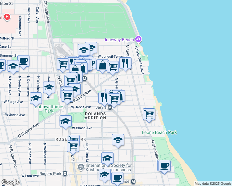 map of restaurants, bars, coffee shops, grocery stores, and more near 7450 North Greenview Avenue in Chicago