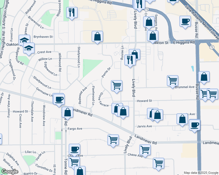 map of restaurants, bars, coffee shops, grocery stores, and more near 615 Perrie Drive in Elk Grove Village