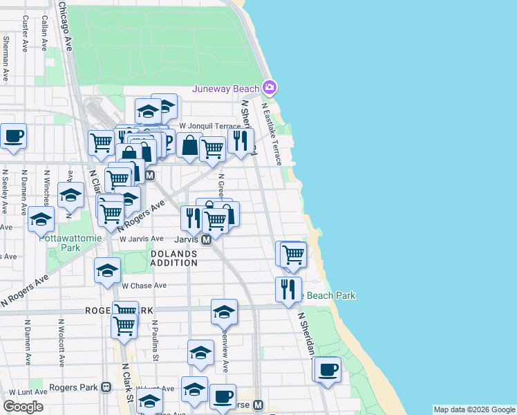 map of restaurants, bars, coffee shops, grocery stores, and more near 7464 North Sheridan Road in Chicago