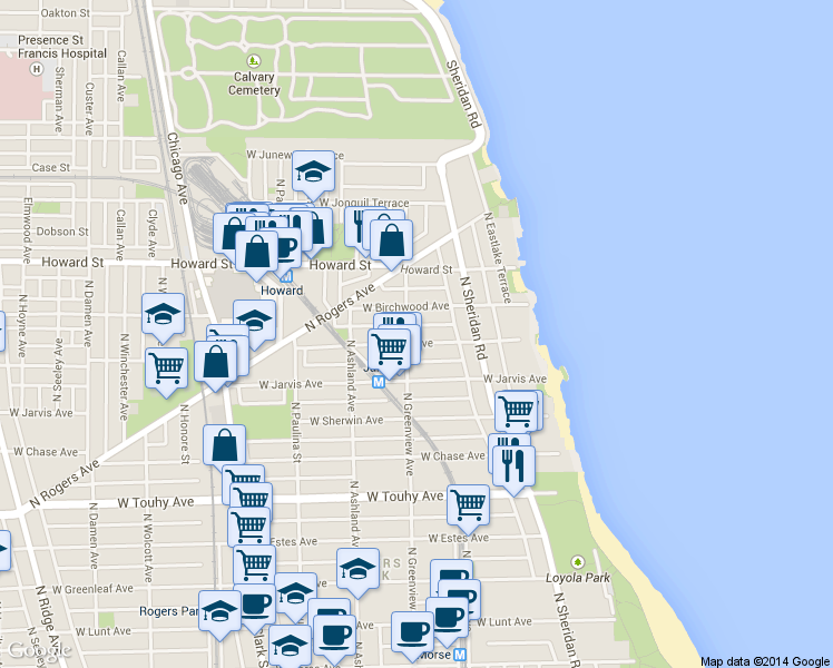 map of restaurants, bars, coffee shops, grocery stores, and more near 1443 West Birchwood Avenue in Chicago