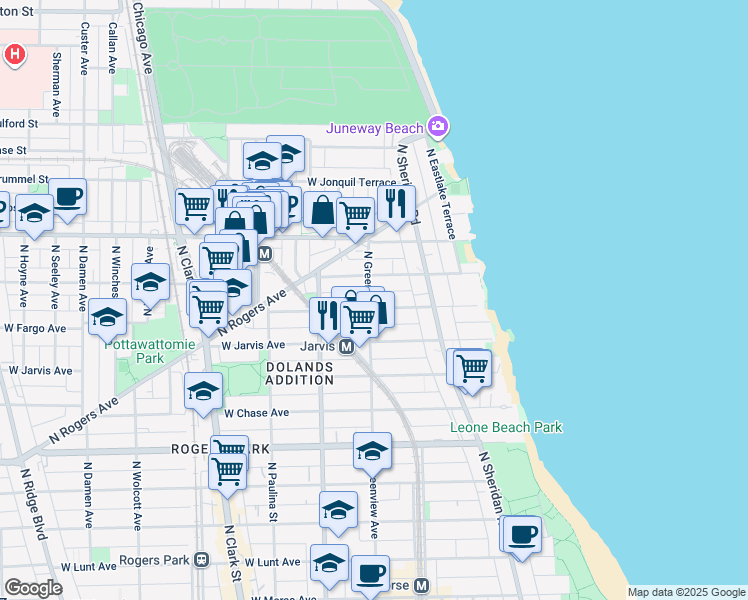 map of restaurants, bars, coffee shops, grocery stores, and more near 1443 West Birchwood Avenue in Chicago
