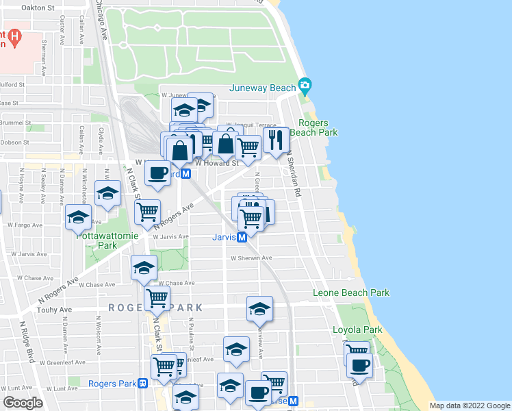 map of restaurants, bars, coffee shops, grocery stores, and more near 1506 West Fargo Avenue in Chicago
