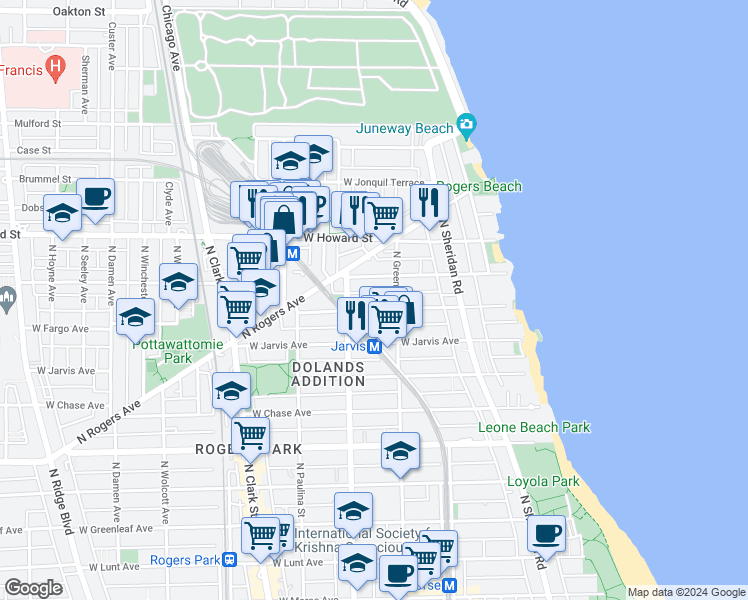 map of restaurants, bars, coffee shops, grocery stores, and more near 1506 West Fargo Avenue in Chicago