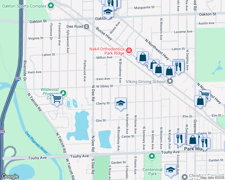 map of restaurants, bars, coffee shops, grocery stores, and more near 2008 West Sibley Street in Park Ridge