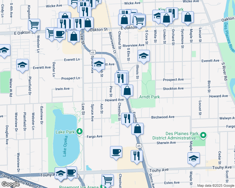 map of restaurants, bars, coffee shops, grocery stores, and more near 1940 South Chestnut Street in Des Plaines