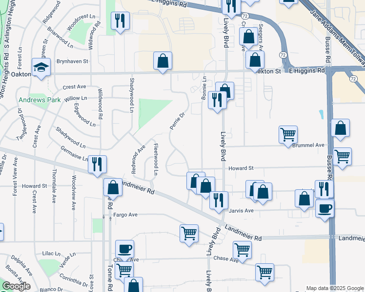 map of restaurants, bars, coffee shops, grocery stores, and more near 615 Perrie Drive in Elk Grove Village