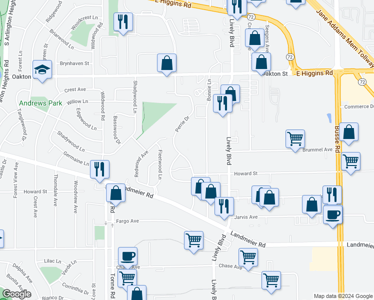 map of restaurants, bars, coffee shops, grocery stores, and more near 615 Perrie Drive in Elk Grove Village