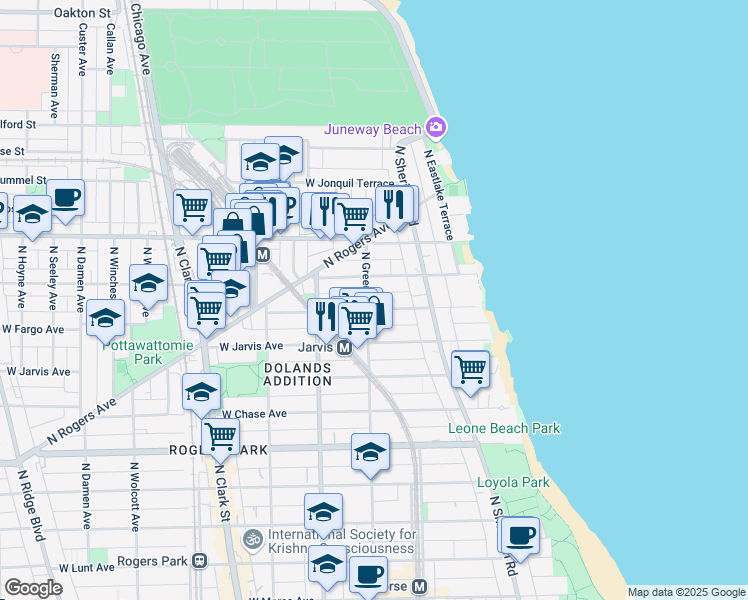 map of restaurants, bars, coffee shops, grocery stores, and more near 1443 West Birchwood Avenue in Chicago