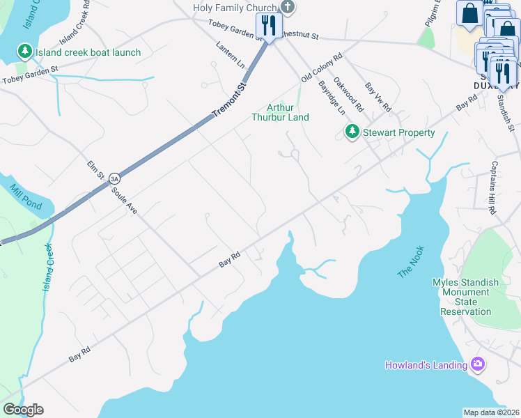 map of restaurants, bars, coffee shops, grocery stores, and more near 32 Wadsworth Road in Duxbury