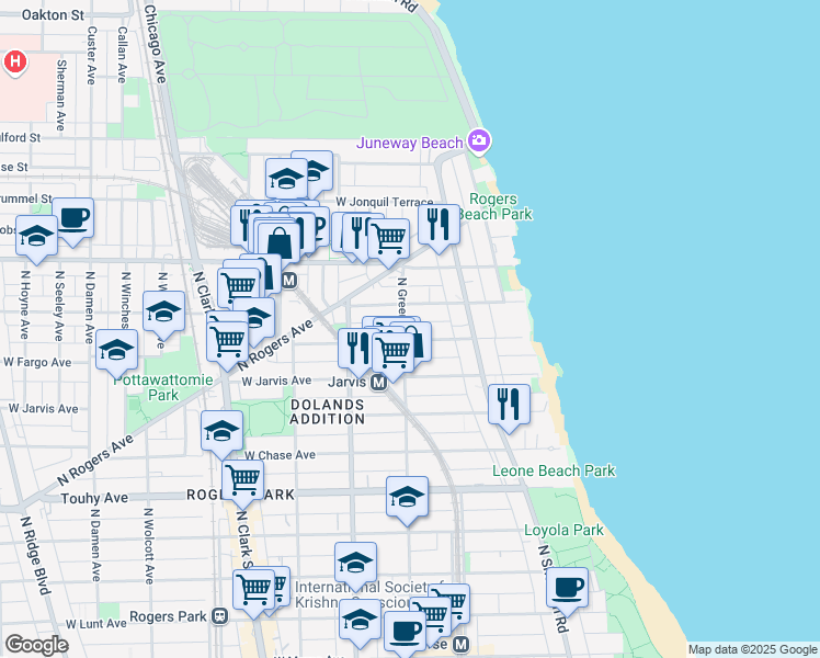 map of restaurants, bars, coffee shops, grocery stores, and more near 7445 North Greenview Avenue in Chicago