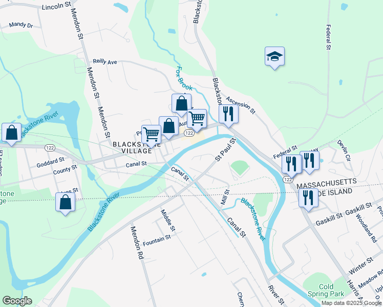map of restaurants, bars, coffee shops, grocery stores, and more near 19 Rivers Edge Road in Blackstone