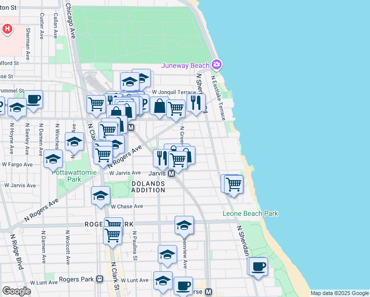 map of restaurants, bars, coffee shops, grocery stores, and more near 1443 West Birchwood Avenue in Chicago