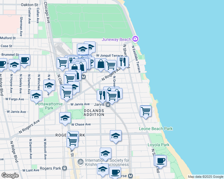map of restaurants, bars, coffee shops, grocery stores, and more near 1506 West Fargo Avenue in Chicago