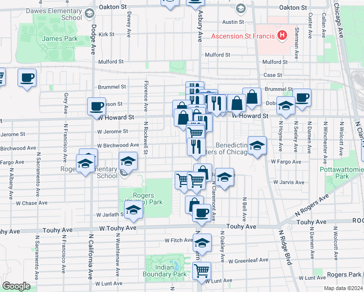 map of restaurants, bars, coffee shops, grocery stores, and more near 7530 North Western Avenue in Chicago