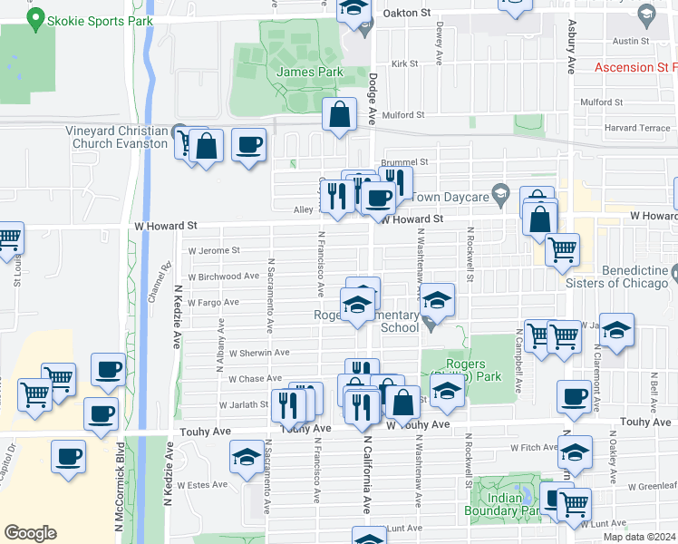 map of restaurants, bars, coffee shops, grocery stores, and more near 2821 West Jerome Street in Chicago
