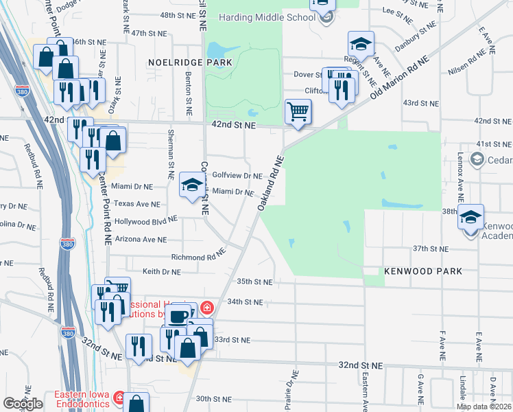 map of restaurants, bars, coffee shops, grocery stores, and more near 1400 Miami Drive Northeast in Cedar Rapids