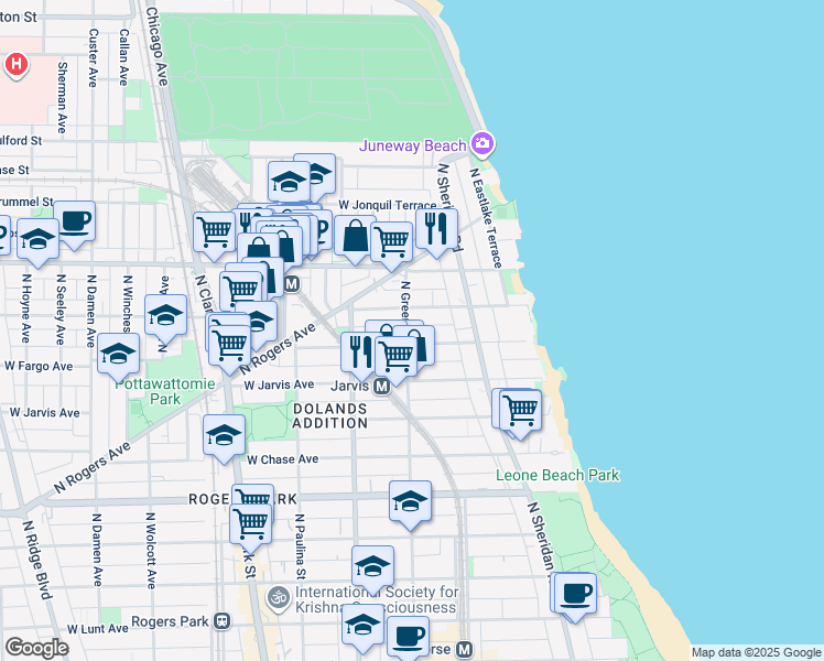 map of restaurants, bars, coffee shops, grocery stores, and more near 1443 West Birchwood Avenue in Chicago