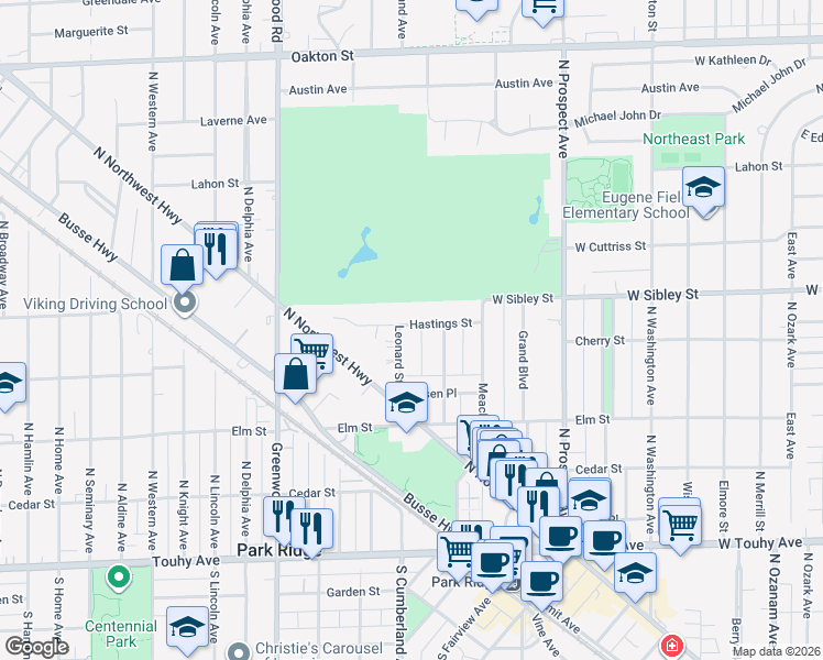 map of restaurants, bars, coffee shops, grocery stores, and more near 824 Hastings Street in Park Ridge